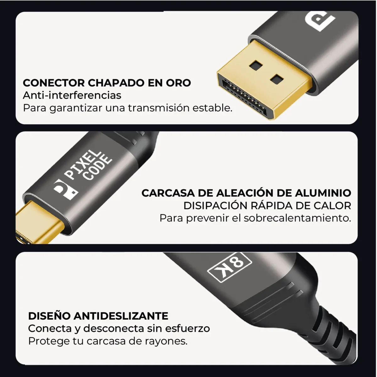 Cable Usb C A Displayport 1.4 8k 2m Pixel Code 4k 240hz Hdr Gris Oscuro ...