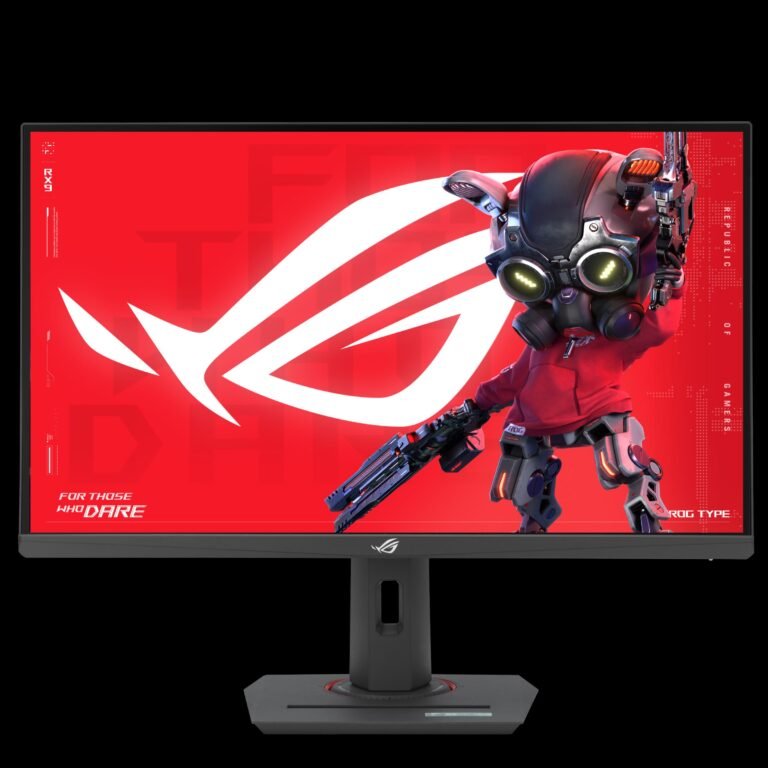 Vista lateral del monitor ASUS ROG Strix XG27ACMS con soporte ajustable en altura y pivote